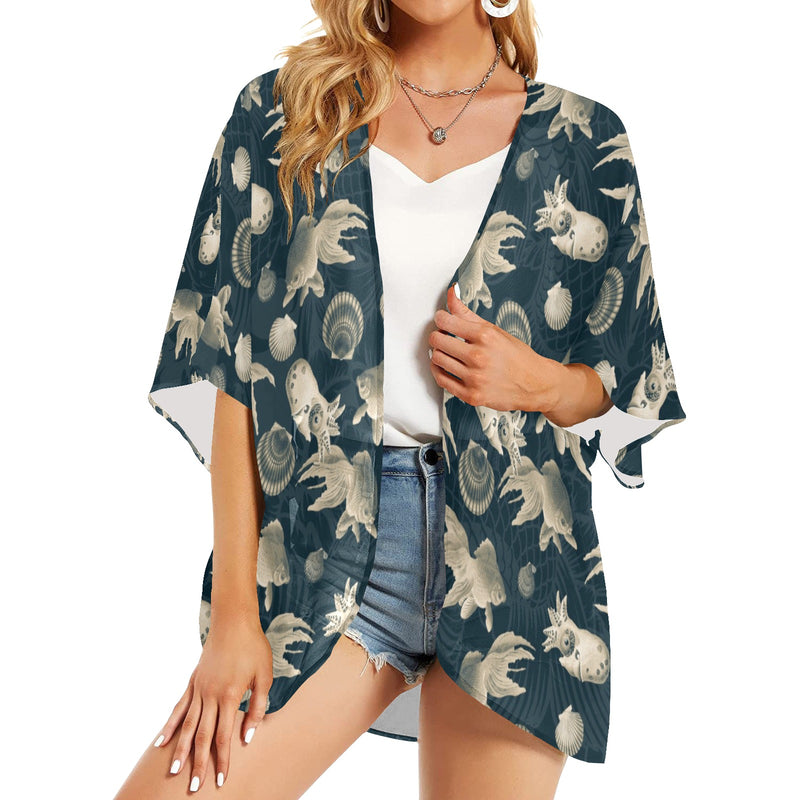 aquatic world sepia split print Women's Kimono Chiffon Cover Up (Model H51) - Objet D'Art