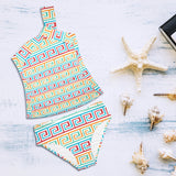 greek key print 2 A C Women's One Shoulder Backless Swimsuit (Model S44) - Objet D'Art