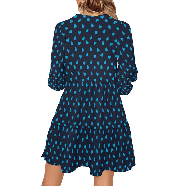 light blue scattered heart print V-Neck Loose Fit Dress (Model D62) - Objet D'Art