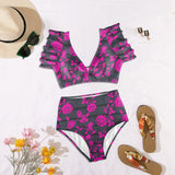 fuchsia rose on gray greek key print Women's Ruffle Sleeve Bikini Swimsuit (Model S42) - Objet D'Art