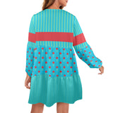 blue green striped print 2 V-Neck Loose Fit Dress (Model D66) - Objet D'Art