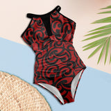 red and black scroll print Women's High Neck Plunge Mesh Ruched Swimsuit (S43) - Objet D'Art