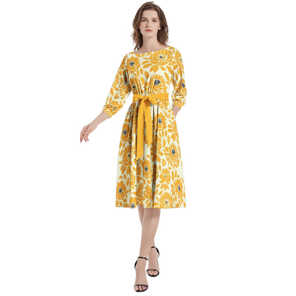 Floral Silhouette Boat Neck Belted Flared Dress - Objet D'Art