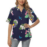 floral dark blue print 2 All Over Print Hawaiian Shirt for Women (Model T58) - Objet D'Art