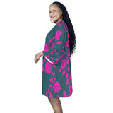 pink green greek key print Half Sleeves V-Neck Mini Dress (Model D63) - Objet D'Art