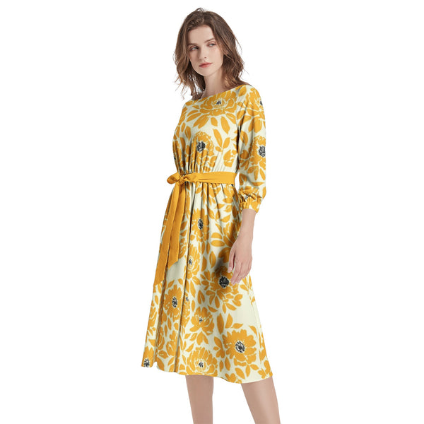 Floral Silhouette Boat Neck Belted Flared Dress - Objet D'Art