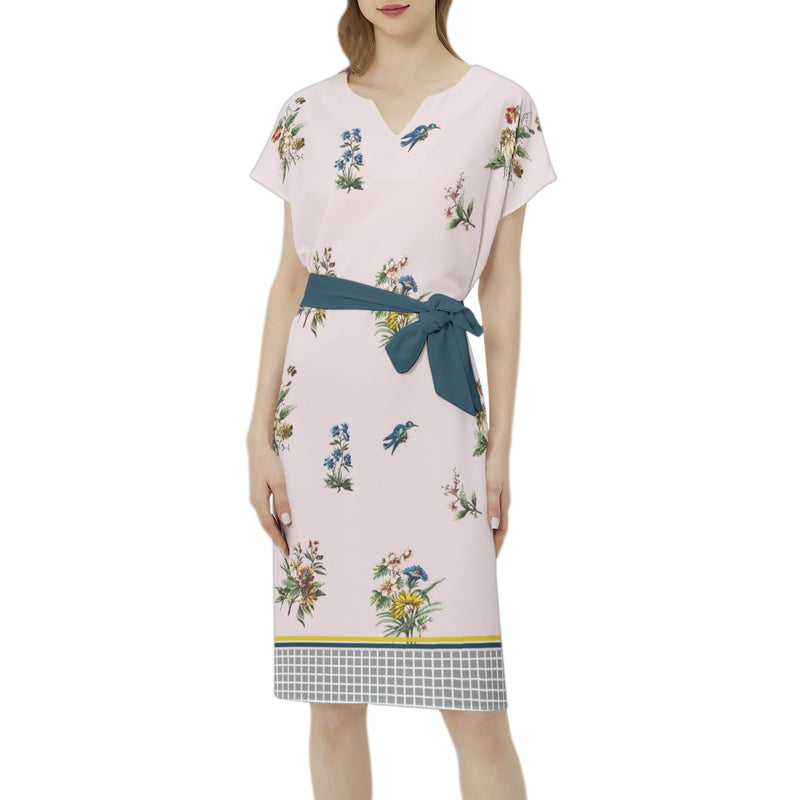 Batwing Sleeve Notch Neck Casual Dress with Belt - Objet D'Art