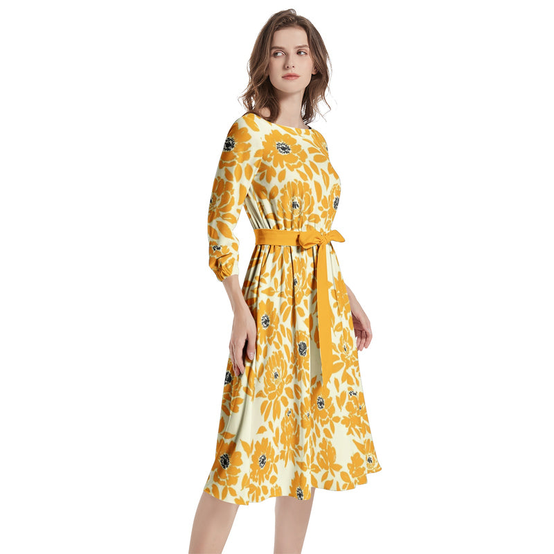 Floral Silhouette Boat Neck Belted Flared Dress - Objet D'Art