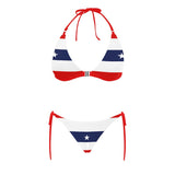 red white blue star and stripes print Buckle Front Halter Bikini Swimsuit (Model S08) - Objet D'Art