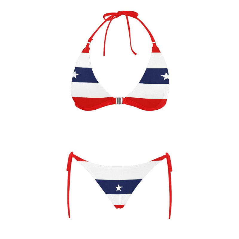red white blue star and stripes print Buckle Front Halter Bikini Swimsuit (Model S08) - Objet D'Art