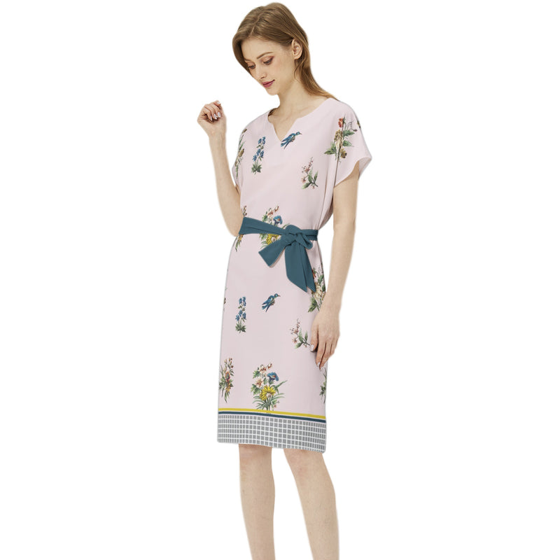 Batwing Sleeve Notch Neck Casual Dress with Belt - Objet D'Art