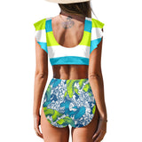 pisces neon green blue green print 2 Women's Ruffle Sleeve Bikini Swimsuit (Model S42) - Objet D'Art