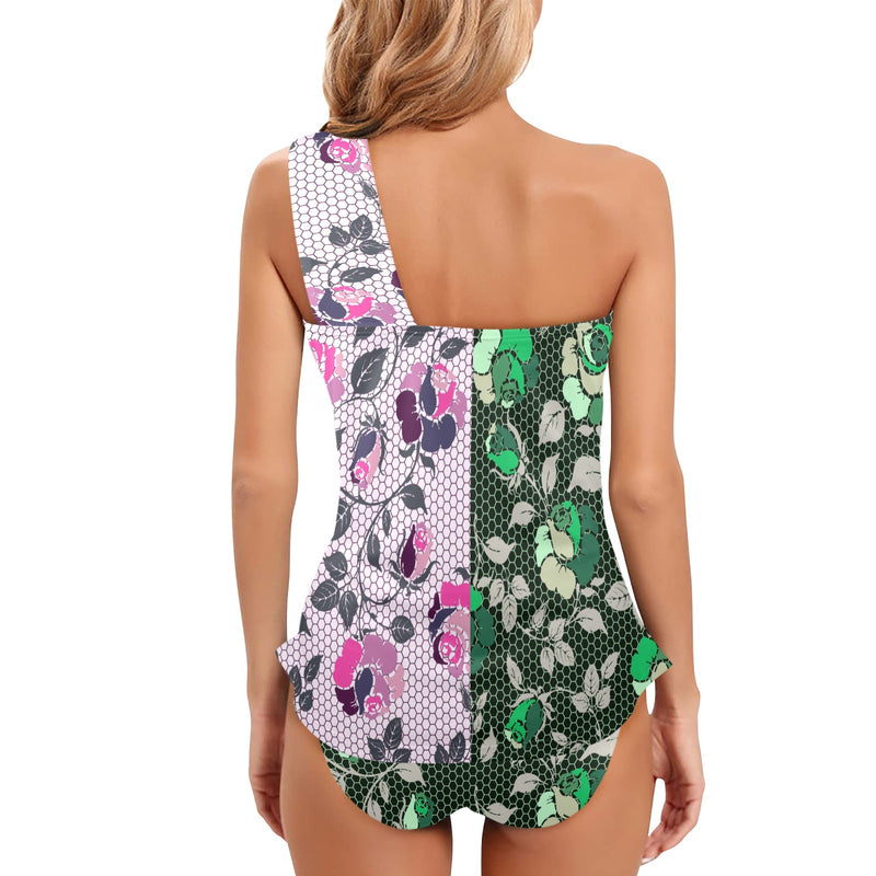 green rose print 2 Women's One Shoulder Backless Swimsuit (Model S44) - Objet D'Art