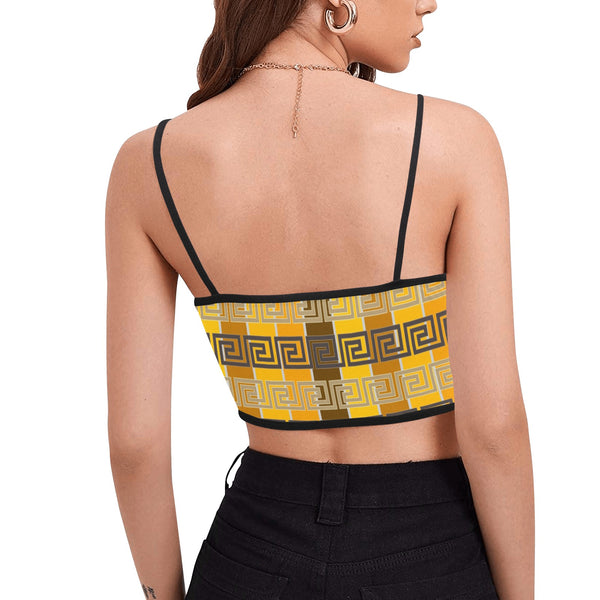 bronze striped greek key print Women's Spaghetti Strap Crop Top (Model T67) - Objet D'Art