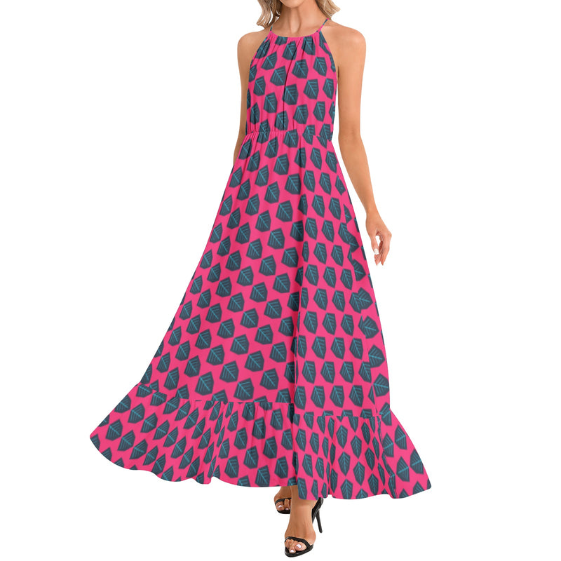 Blue Leaf Ruffle Hem Halter Neck Maxi Dress - Objet D'Art