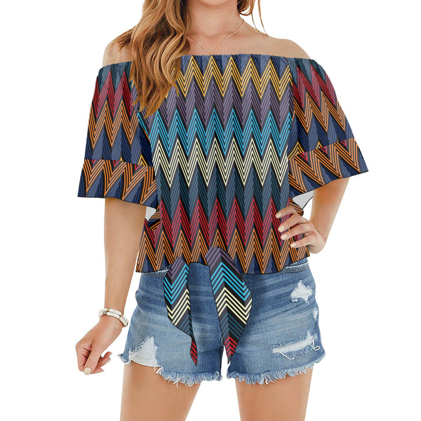 waves colored print 5 Off Shoulder Knot Front Blouse (Model T71) - Objet D'Art