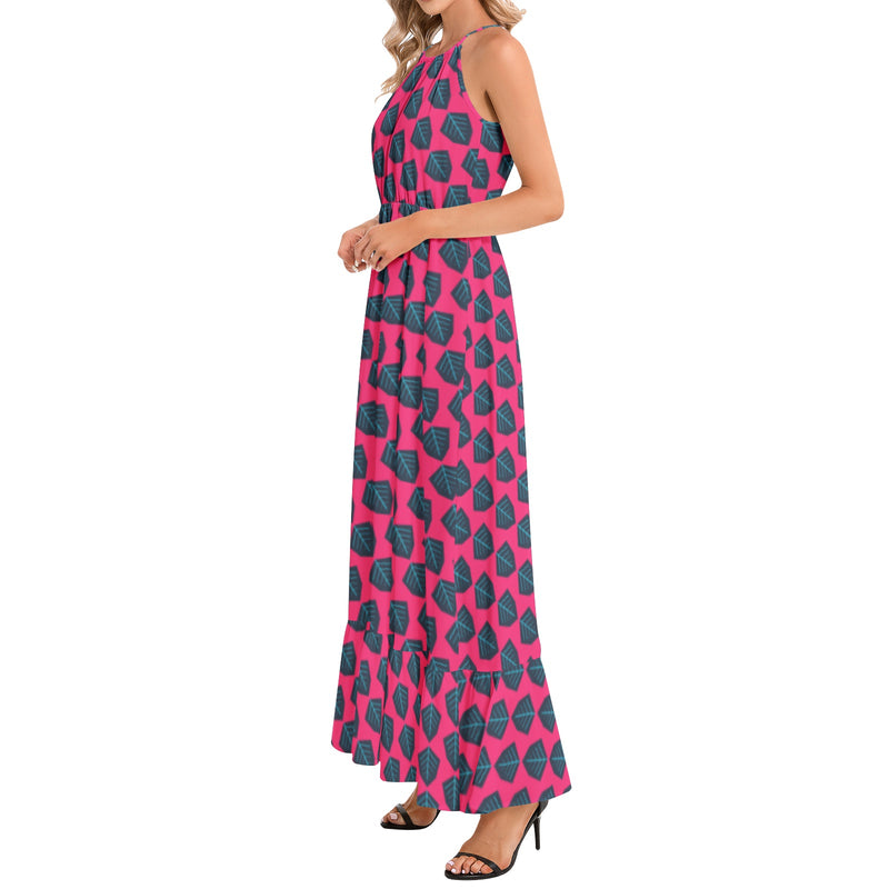 Blue Leaf Ruffle Hem Halter Neck Maxi Dress - Objet D'Art