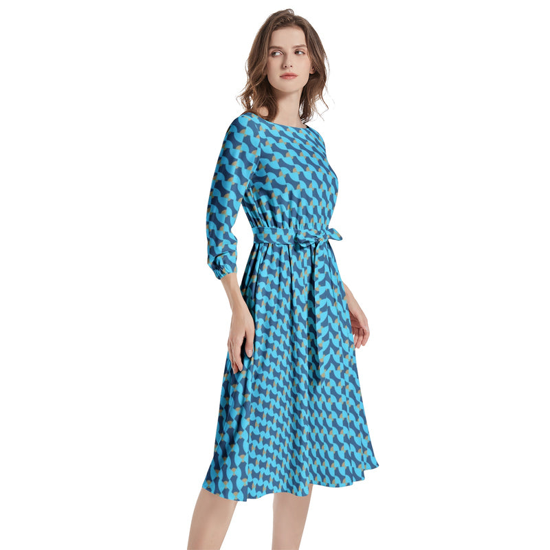 Tessellations Boat Neck Belted Flared Dress - Objet D'Art