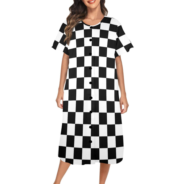 blue and white solid half Women's Button Front House Dress - Objet D'Art