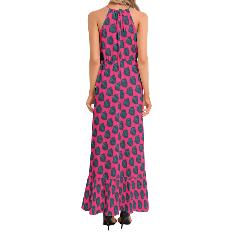 Blue Leaf Ruffle Hem Halter Neck Maxi Dress - Objet D'Art