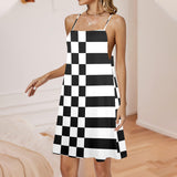 check stripe print 2 Drawstring Neck Sleeveless Dress (Model D68) - Objet D'Art