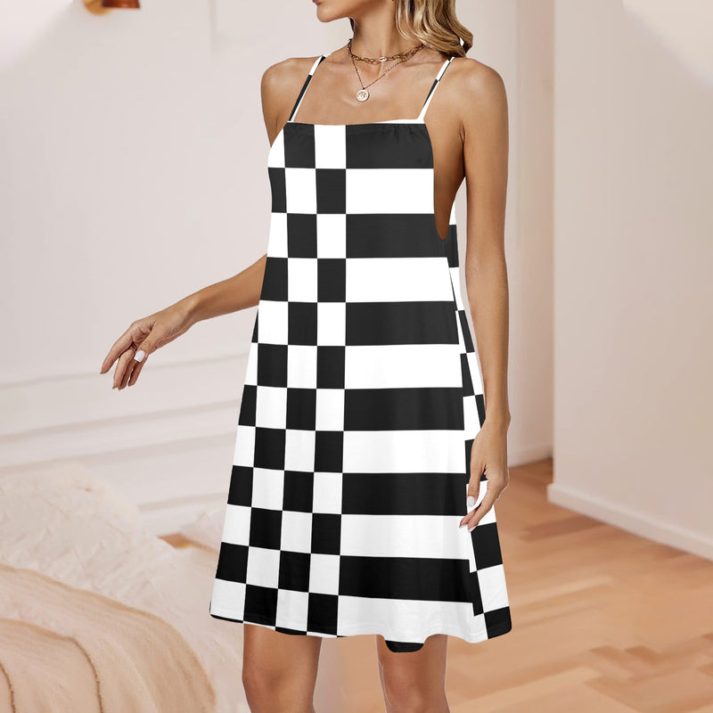 check stripe print 2 Drawstring Neck Sleeveless Dress (Model D68) - Objet D'Art