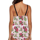 pink striped floral print 4Q Chest Drawstring Swim Dress (Model S30) - Objet D'Art