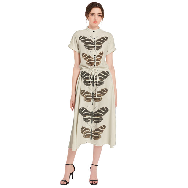 Heliconia Charitonia Drawstring Waist A-line Flared Midi Dress - Objet D'Art