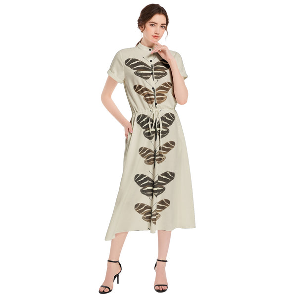 Heliconia Charitonia Drawstring Waist A-line Flared Midi Dress - Objet D'Art