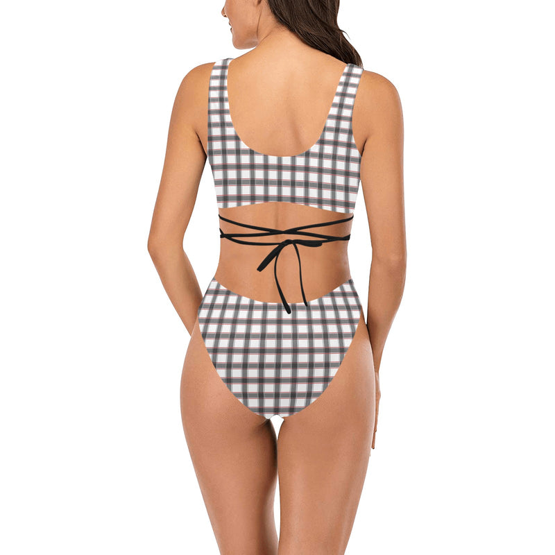 grid red gray print 2 Cross String Bikini Set (Model S29) - Objet D'Art