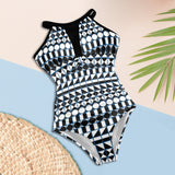 shapes geo blue print 2 Women's High Neck Plunge Mesh Ruched Swimsuit (S43) - Objet D'Art