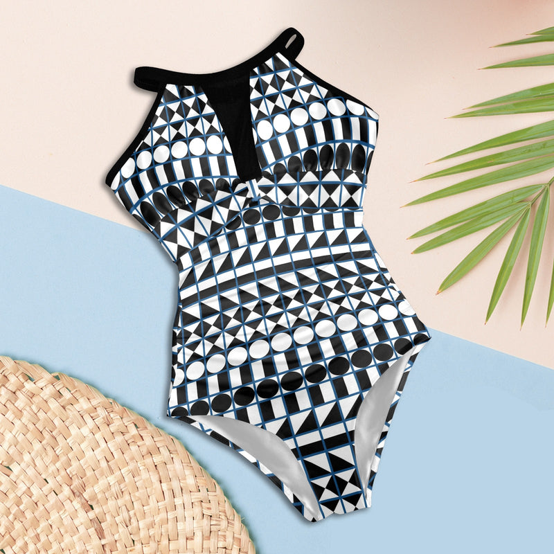 shapes geo blue print 2 Women's High Neck Plunge Mesh Ruched Swimsuit (S43) - Objet D'Art