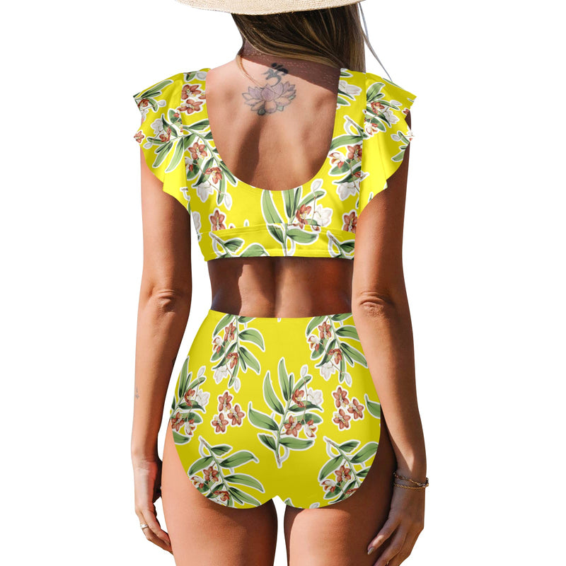 marine camo Women's Ruffle Sleeve Bikini Swimsuit (Model S42) - Objet D'Art