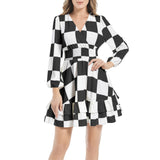 Piebald Pixels Long Sleeve Tiered Ruffle Hem Elastic Waist Mini Dress - Objet D'Art