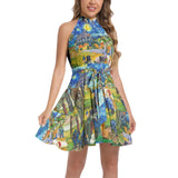 Van Gogh Collage Ruffle Hem Belted Halter Dress - Objet D'Art