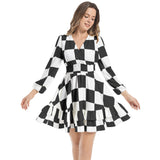Piebald Pixels Long Sleeve Tiered Ruffle Hem Elastic Waist Mini Dress - Objet D'Art