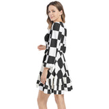 Piebald Pixels Long Sleeve Tiered Ruffle Hem Elastic Waist Mini Dress - Objet D'Art