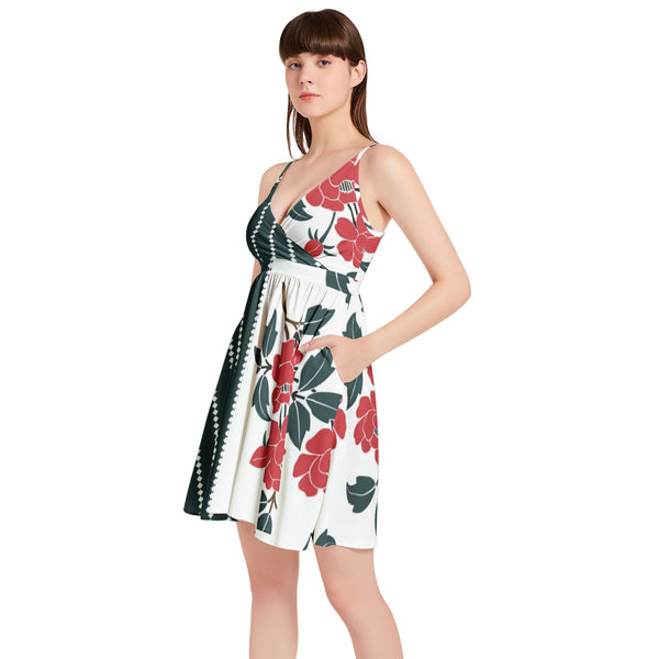 Peony Pinstripe Spaghetti Strap Sleeveless Falred Hem Short Dress - Objet D'Art