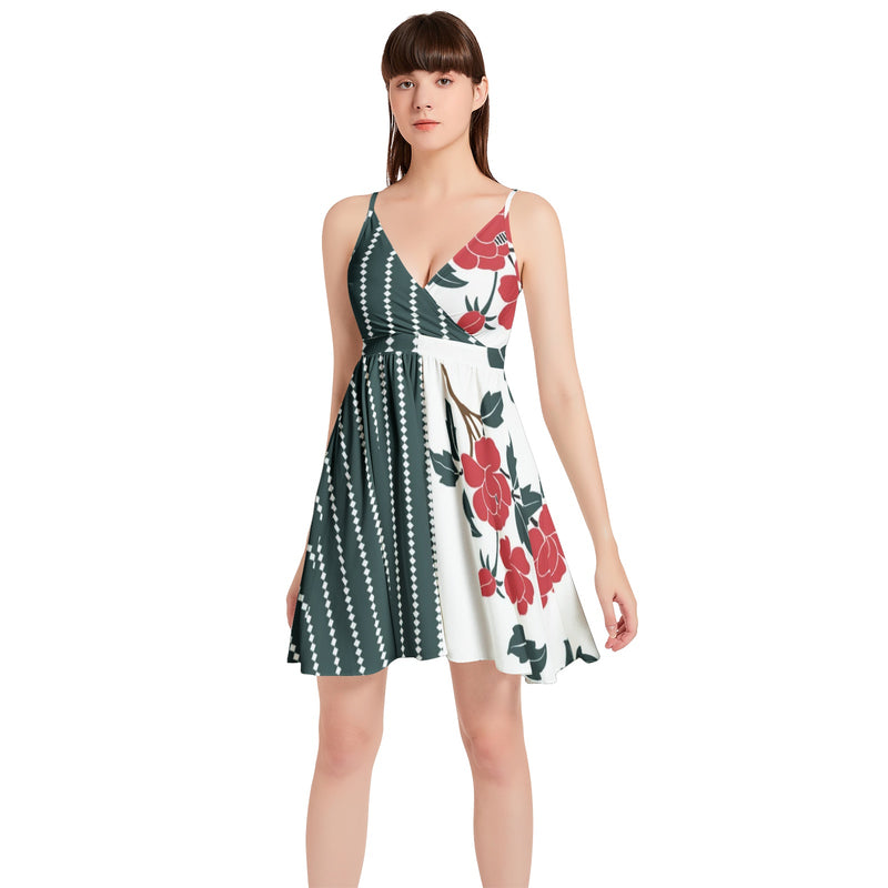 Peony Pinstripe Spaghetti Strap Sleeveless Falred Hem Short Dress - Objet D'Art
