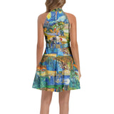 Van Gogh Collage Ruffle Hem Belted Halter Dress - Objet D'Art