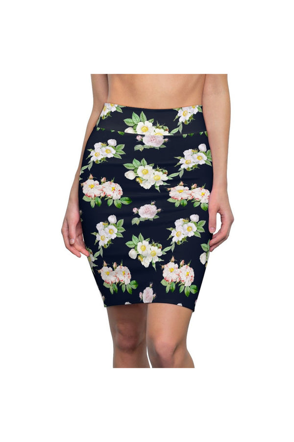 Dark Blue Floral Women's Pencil Skirt - Objet D'Art