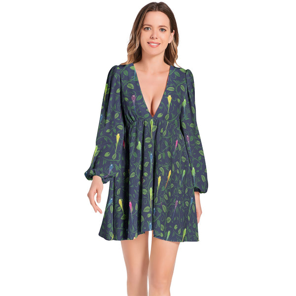 Lantern Sleeve Deep V-Neck Short Dress - Objet D'Art