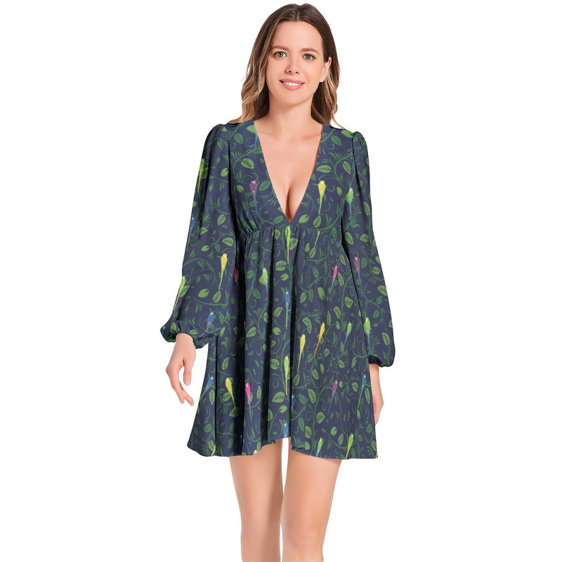 Lantern Sleeve Deep V-Neck Short Dress - Objet D'Art
