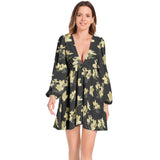 Azalea Print Lantern Sleeve Deep V-Neck Short Dress - Objet D'Art