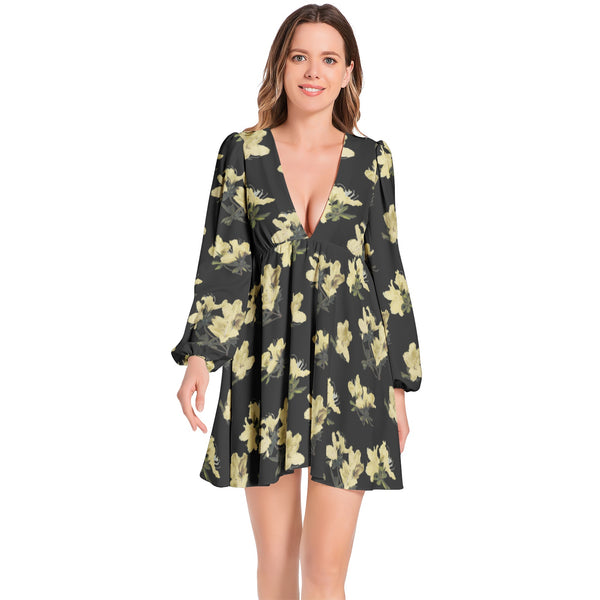 Azalea Print Lantern Sleeve Deep V-Neck Short Dress - Objet D'Art