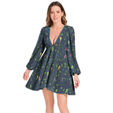 Lantern Sleeve Deep V-Neck Short Dress - Objet D'Art