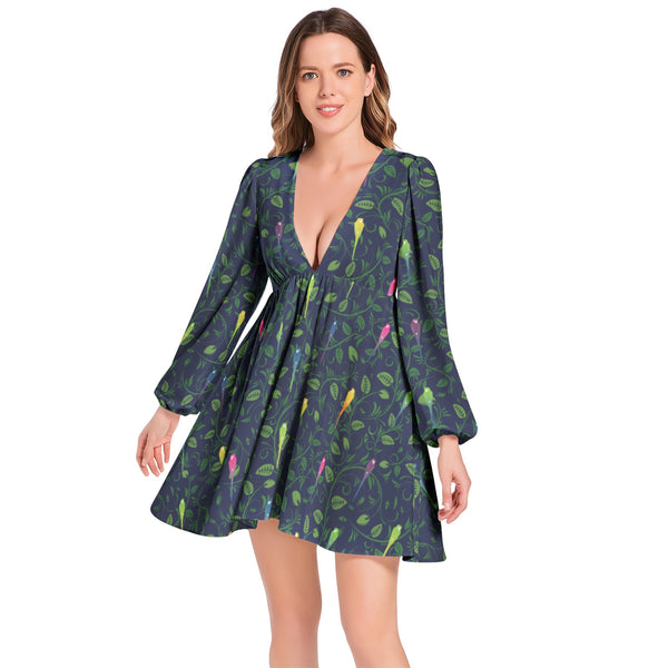 Lantern Sleeve Deep V-Neck Short Dress - Objet D'Art