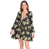 Azalea Print Lantern Sleeve Deep V-Neck Short Dress - Objet D'Art