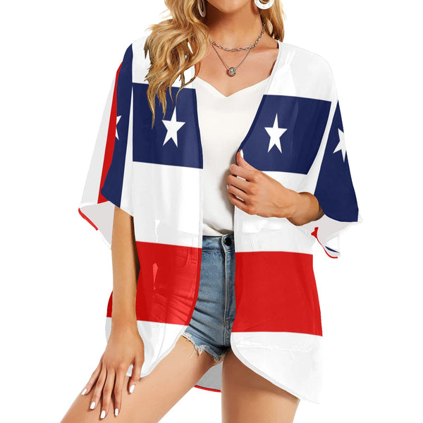 red white blue star and stripes print Women's Kimono Chiffon Cover Up (Model H51) - Objet D'Art