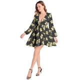 Azalea Print Lantern Sleeve Deep V-Neck Short Dress - Objet D'Art